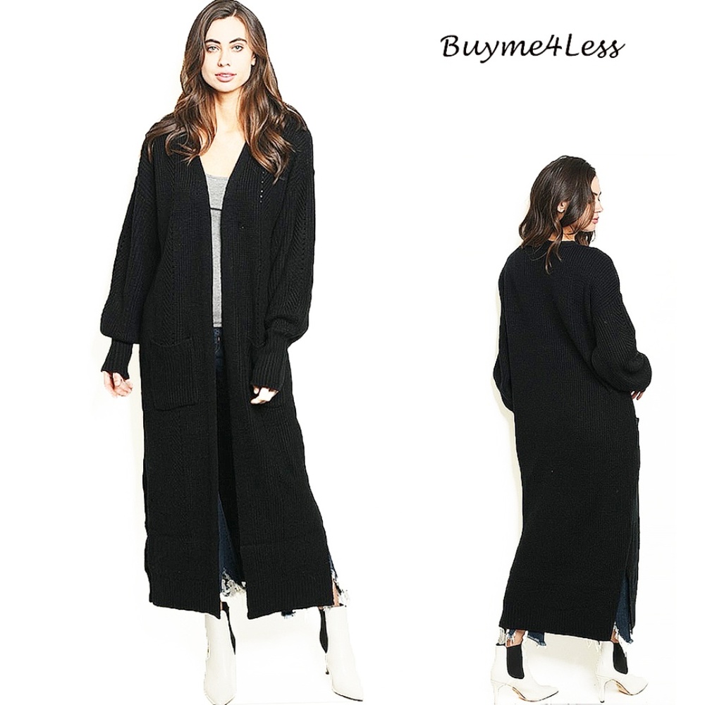 Black Long Maxi Chunky Knit Sweater Cardigan Coat